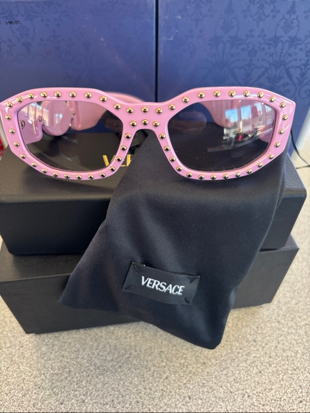 Versace Pink Frame Sunglasses with Gold Stud Detailing